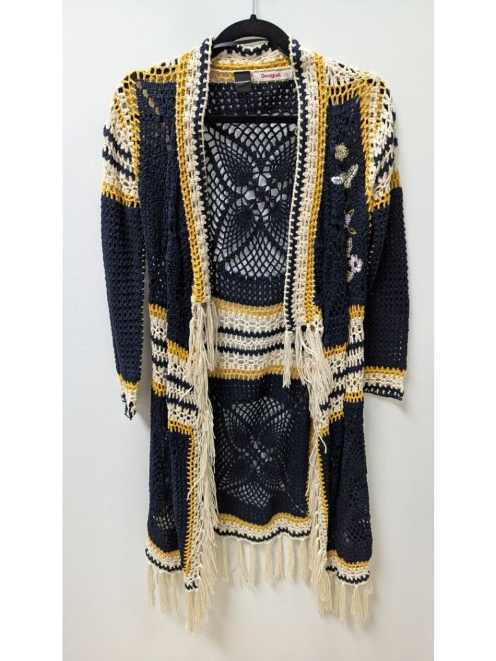 Desigual Navy/Yellow/Cream Crochet Fringed Cardigan